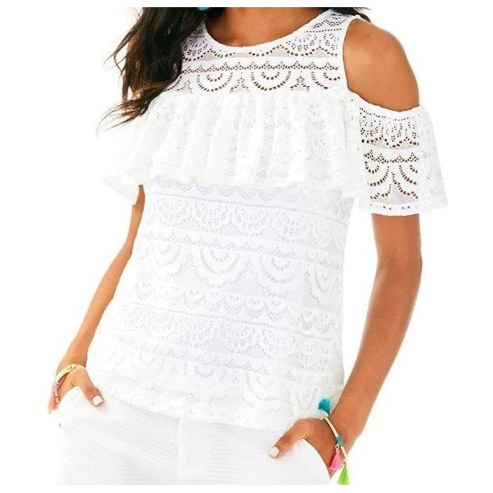 Lilly Pulitzer Lyra Scalloped Lace Top Size S White Sunny Shoulder Flounced Chic